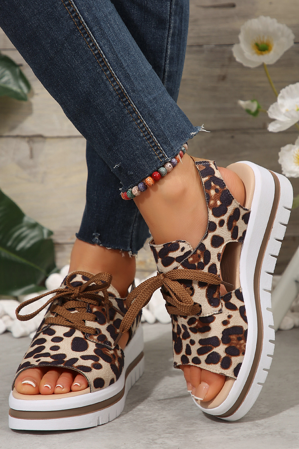 Parchment Leopard Print Hollow Out Lace-up Wedge Sandals - loveforevers