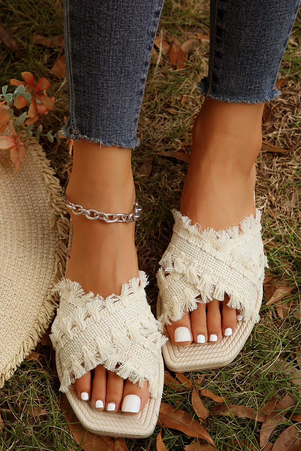 Beige Tassel Woven Crossed Straps Flat Slippers - loveforevers