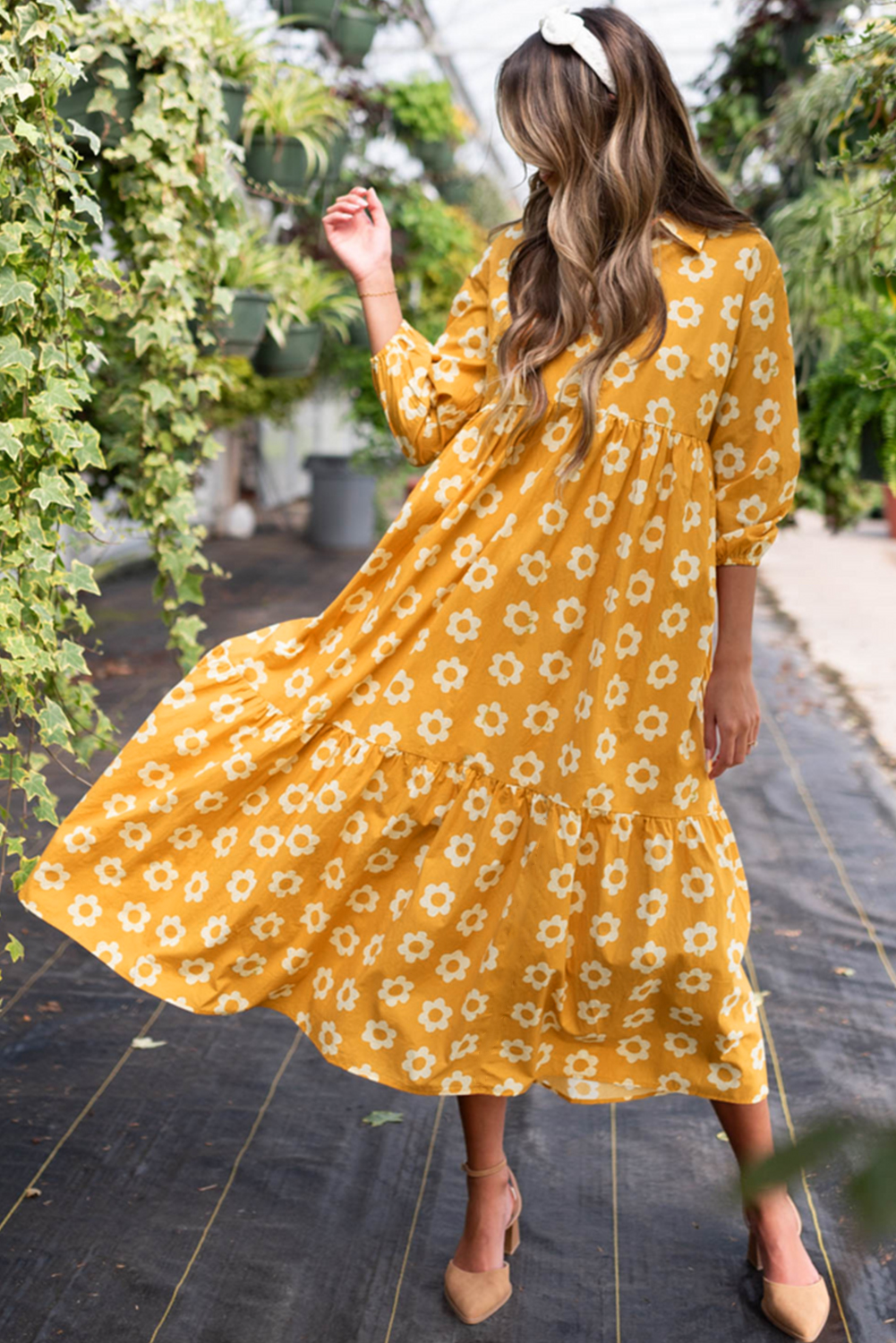 Yellow Flower Print Bracelet Sleeve Buttons Collared Maxi Dress - loveforevers