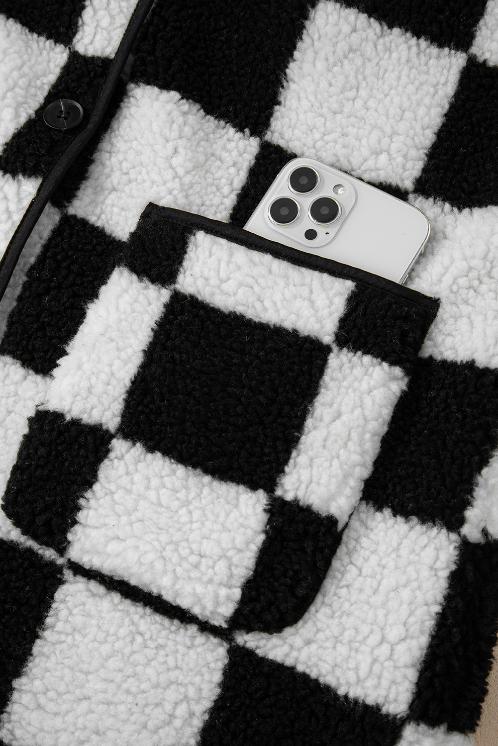Black Checkered Side Pockets Collared Buttoned Fleece Jacket - loveforevers