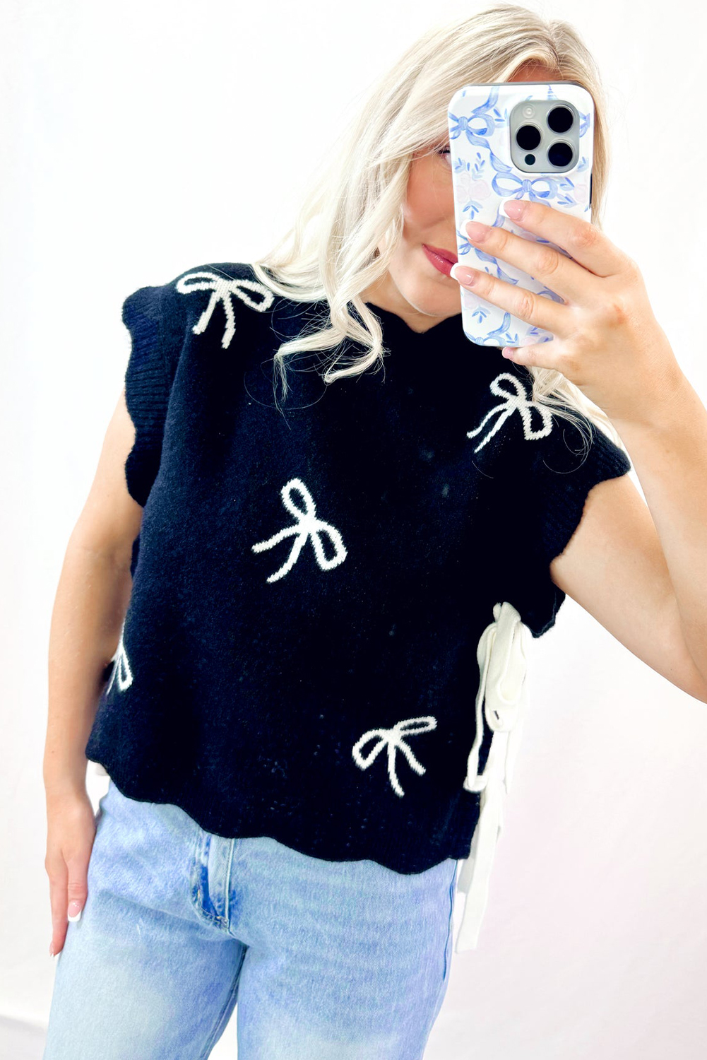 Black Bow Print Side Ties Scalloped Hem Sweater T Shirt - loveforevers