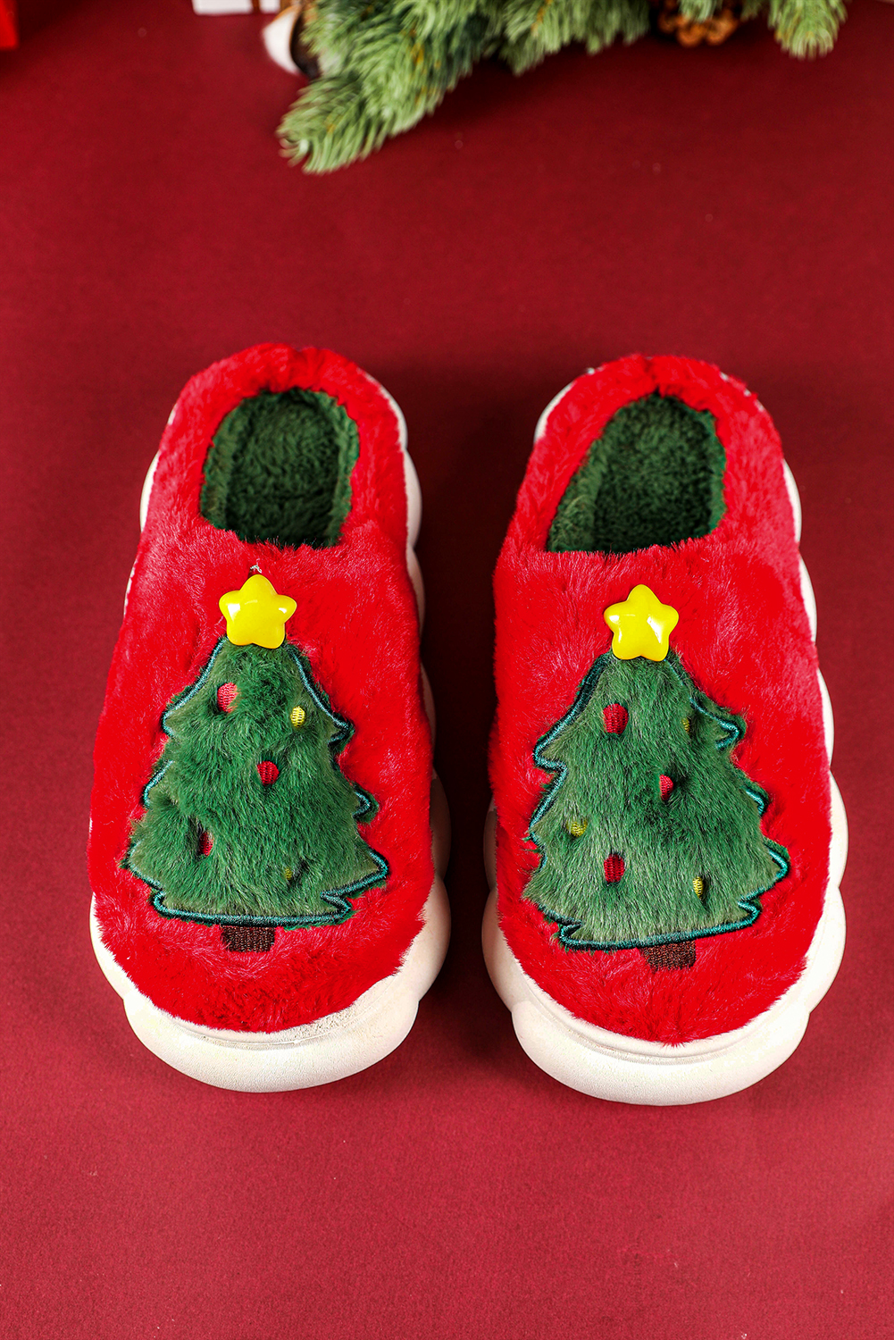 Fiery Red Christmas Tree Graphic Thick Sole Plush Slippers - loveforevers