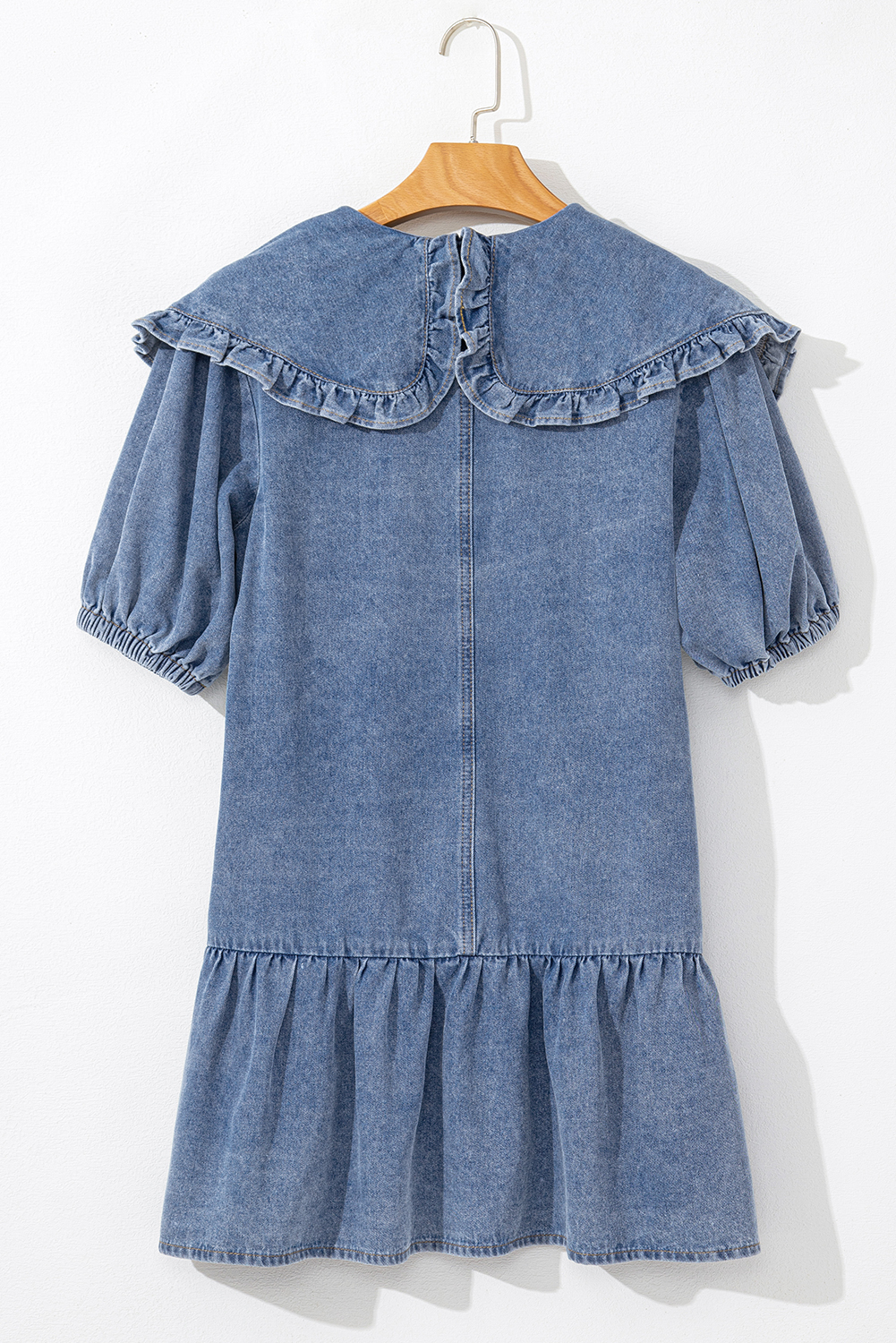 Dusk Blue Ruffled Collared Side Pockets Puff Sleeve Denim Mini Dress - loveforevers