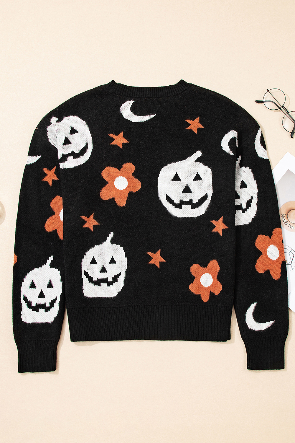 Black Halloween Mythical Night Pattern Drop Shoulder Sweater - loveforevers
