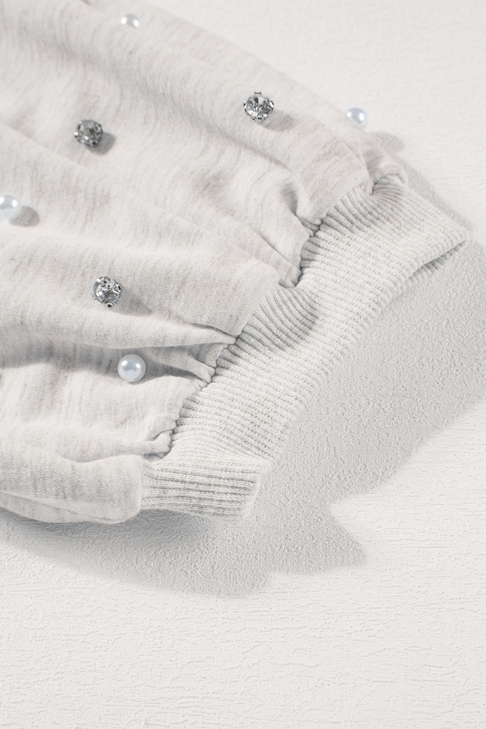 Light Grey Rhinestone Pearl Puff Half Sleeve Top - loveforevers