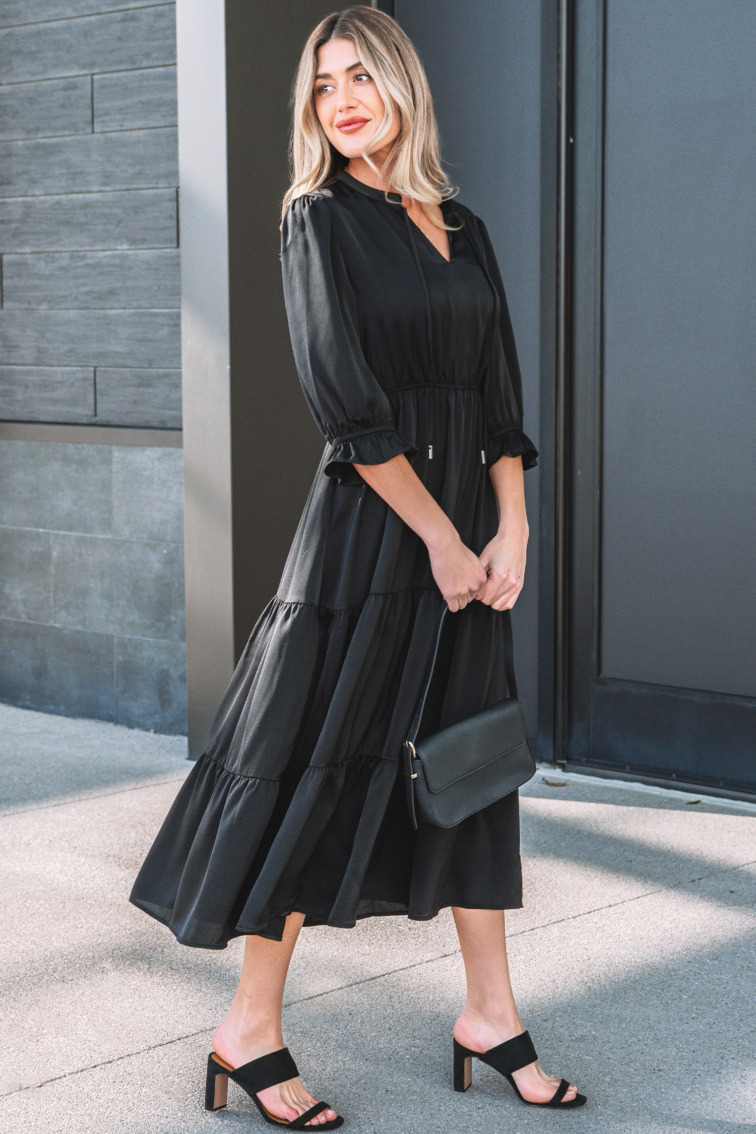 Black Flounced Bracelet Sleeve V Neck Tiered Maxi Dress - loveforevers