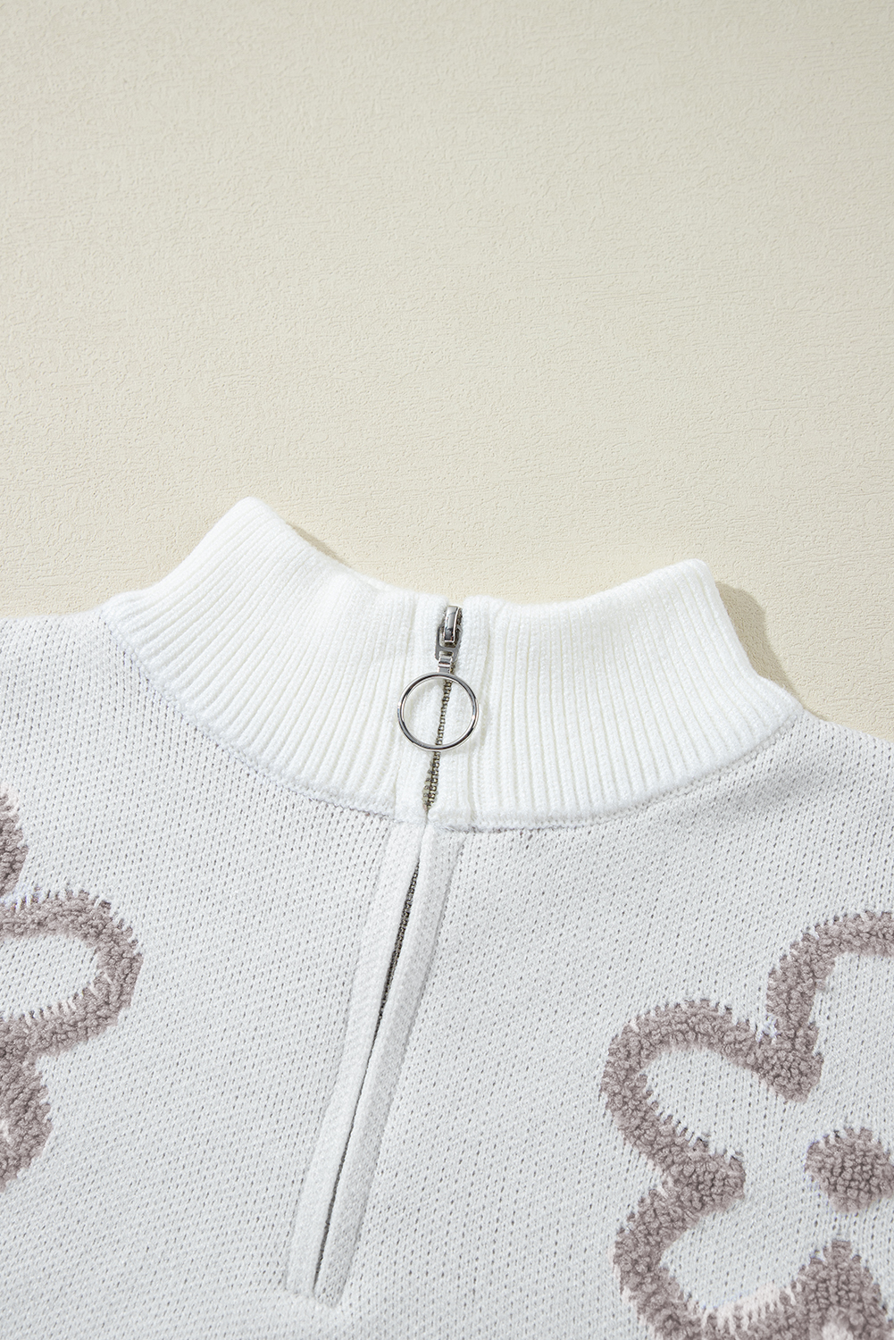 Parchment Contrast Flower Half Zipper Stand Neck Sweater - loveforevers