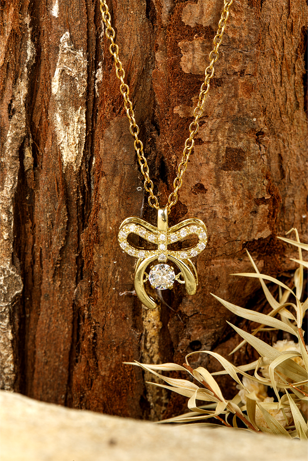 Gold Rhinestone Bow Knot Pendant Plated Alloy Necklace - loveforevers