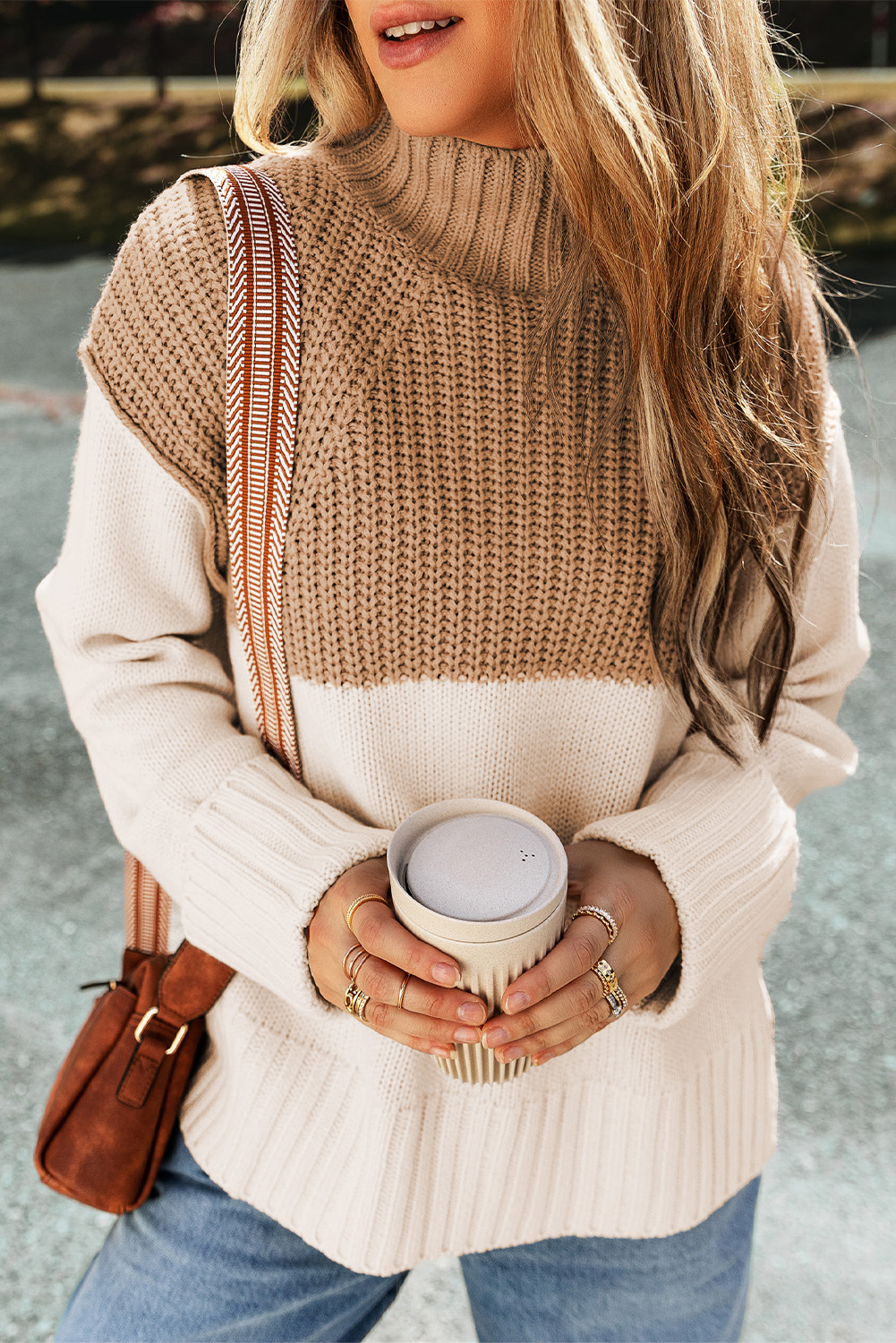 Parchment Cable Knit Color Block Side Splits High Neck Sweater - loveforevers
