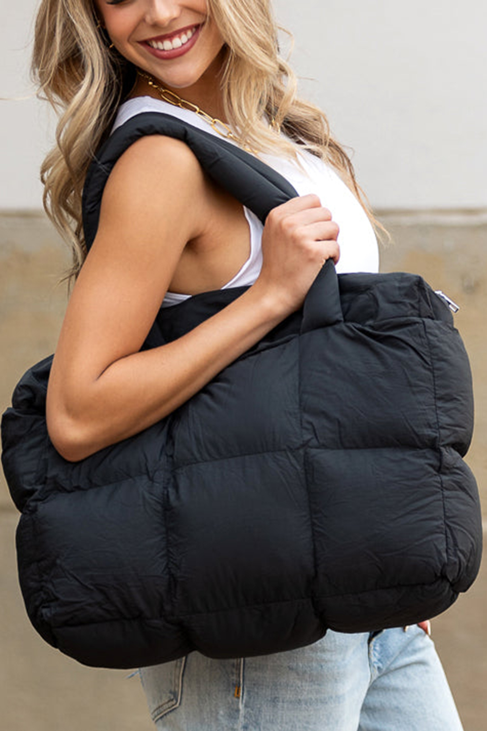 White Solid Quilted Puffy Zipped Large Tote Bag - loveforevers