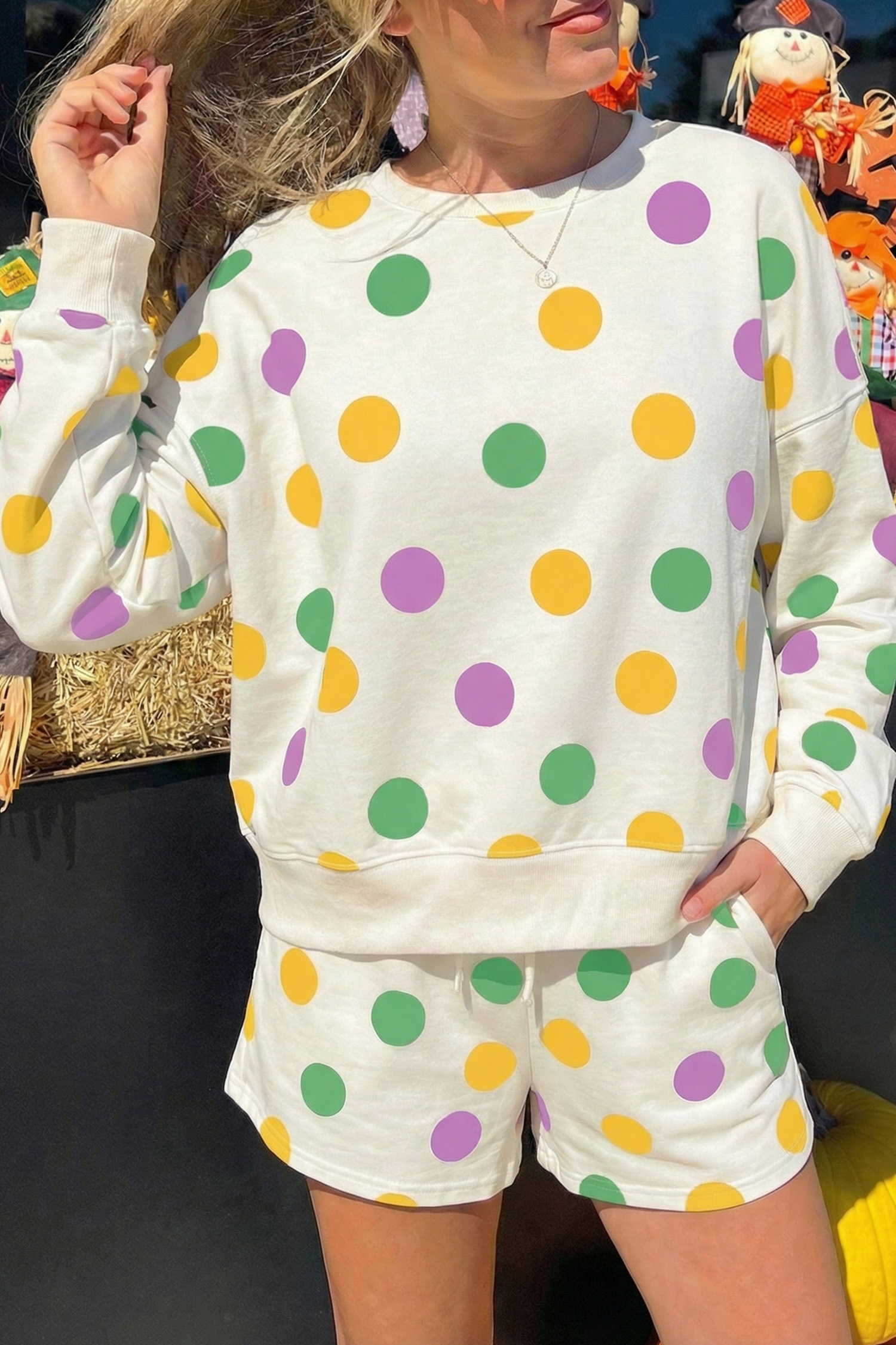 Beige Polka Dot Print Drop Shoulder Pullover Drawstring Jogger Pant Set - loveforevers