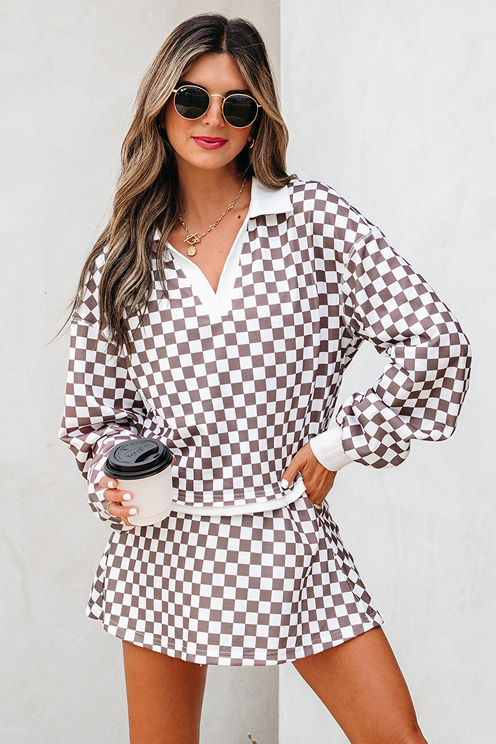 Khaki Checkered Print Polo Collar Cropped Long Sleeve Top Drawstring Mini Skirt Set - loveforevers