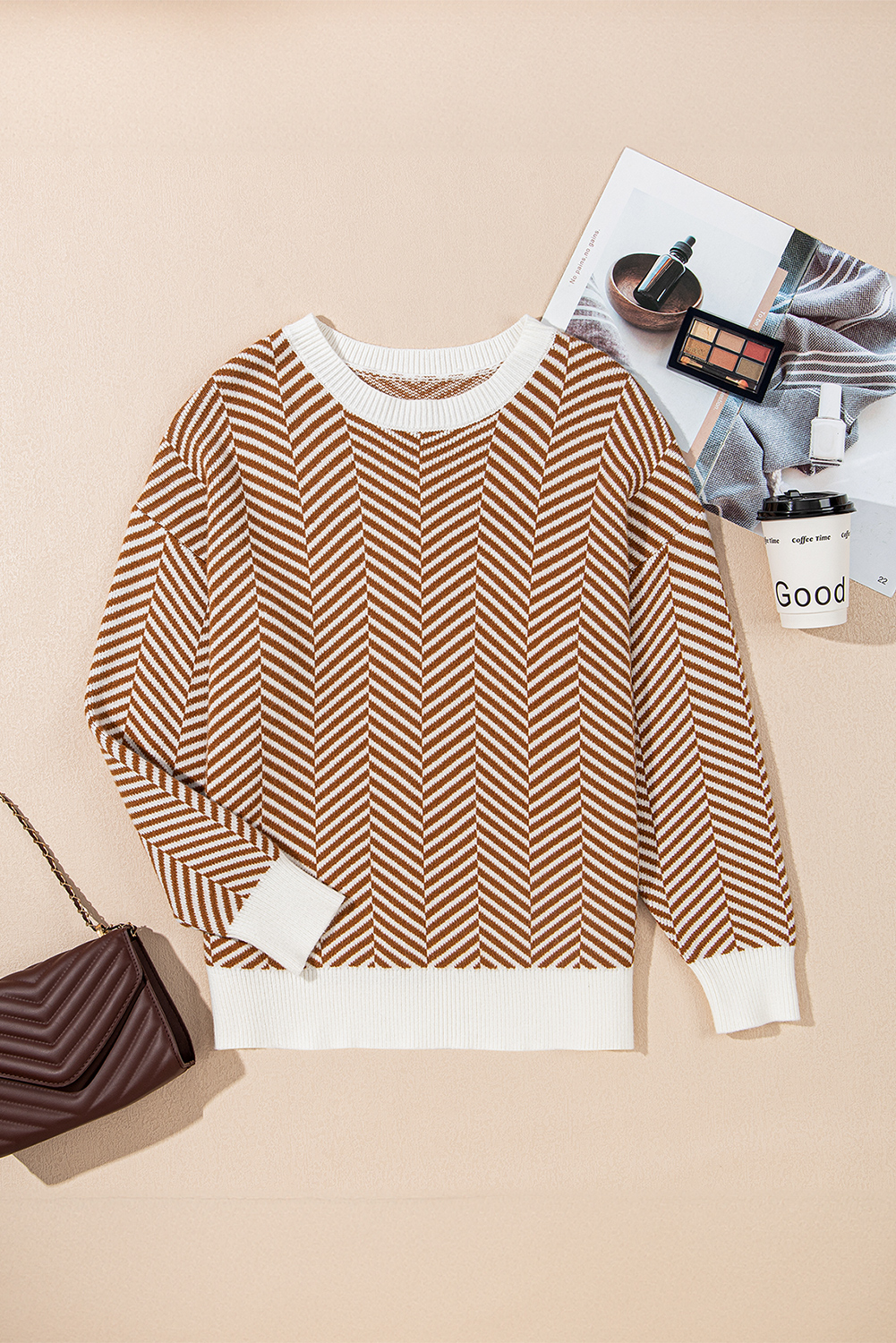 Coffee Contrast Edge Crew Neck Drop Shoulder Sweater - loveforevers
