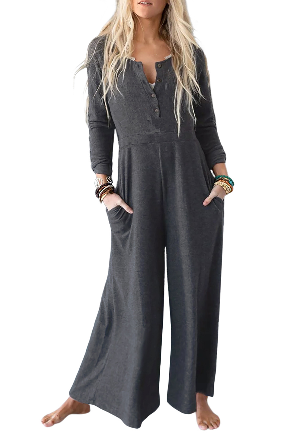 Gray Button Long Sleeve Wide Leg Jumpsuit - loveforevers