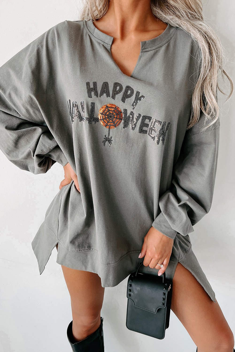 Medium Grey Sequin Happy Halloween Graphic Notched Neck Long Sleeve Loose Top - loveforevers