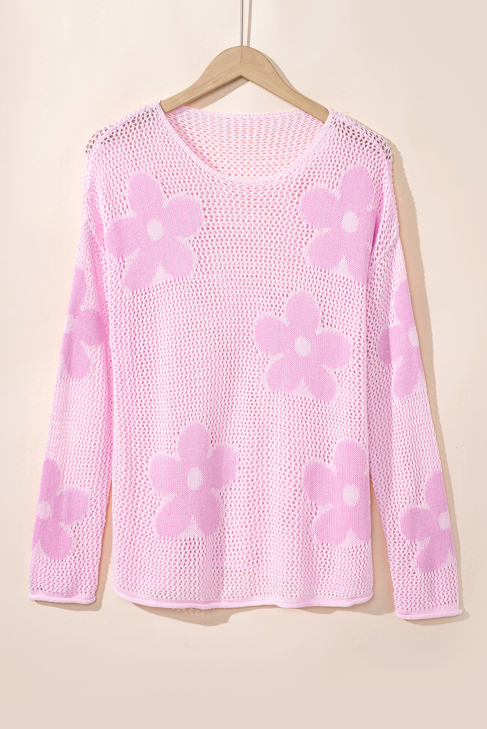 Light Pink Big Flower Hollowed Knit Drop Shoulder Sweater - loveforevers