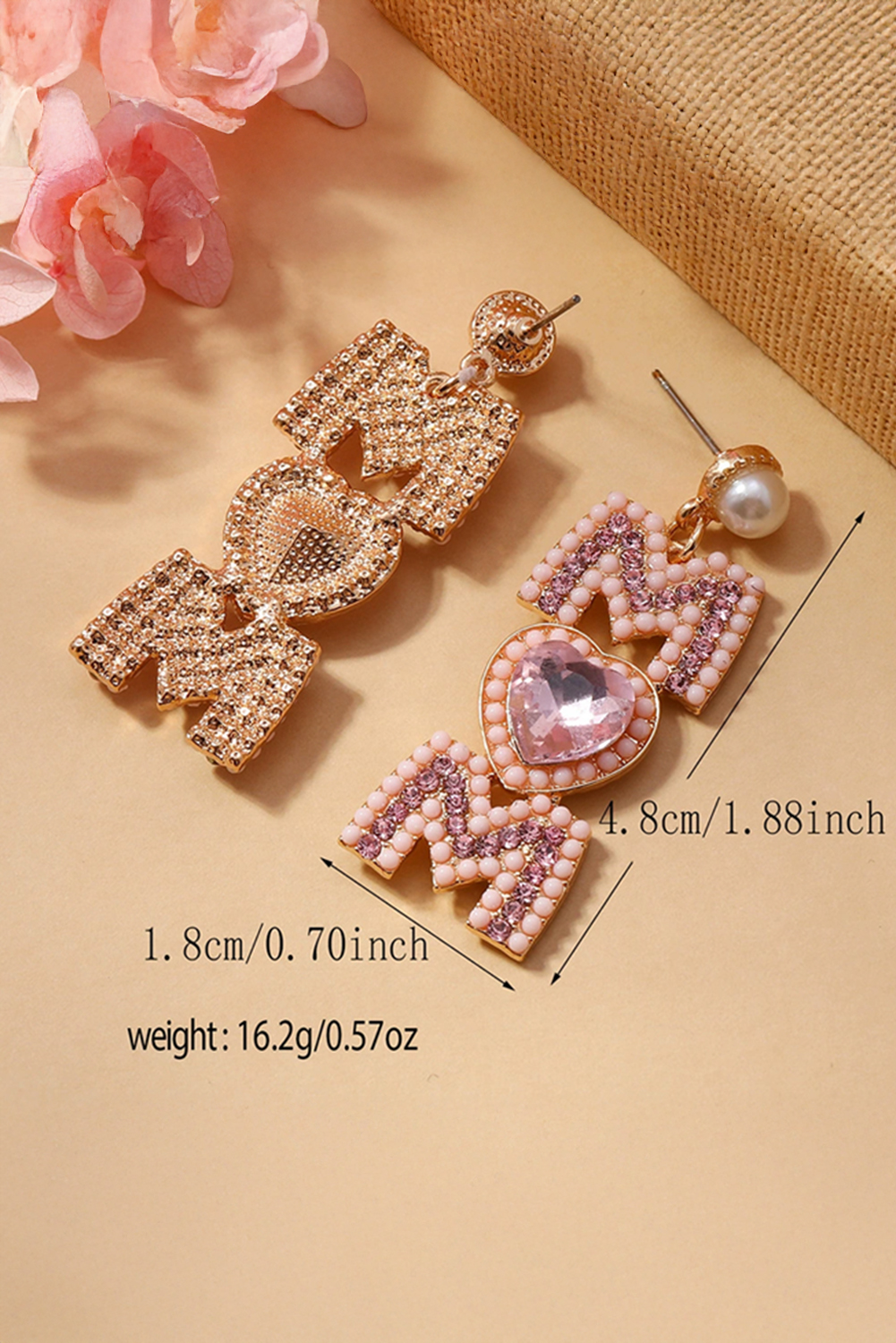 Light Pink Rhinestone Beaded Heart MOM Earrings - loveforevers