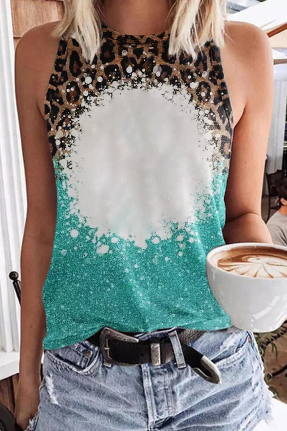 Light Blue Bleached Leopard Tie-dye Print Tank Top - loveforevers