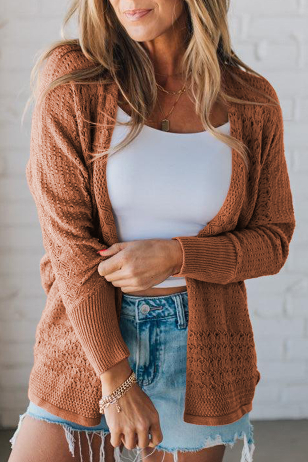Redwood Burl Mixed Pattern Knitted Open Front Plus Cardigan - loveforevers