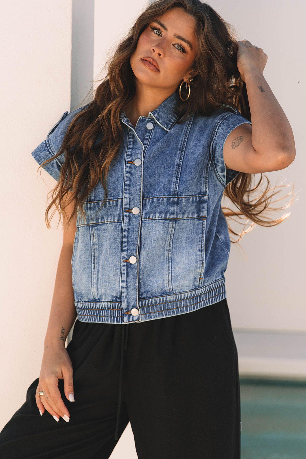 Ashleigh Blue Acid Wash Elastic Hem Button Up Denim Vest - loveforevers