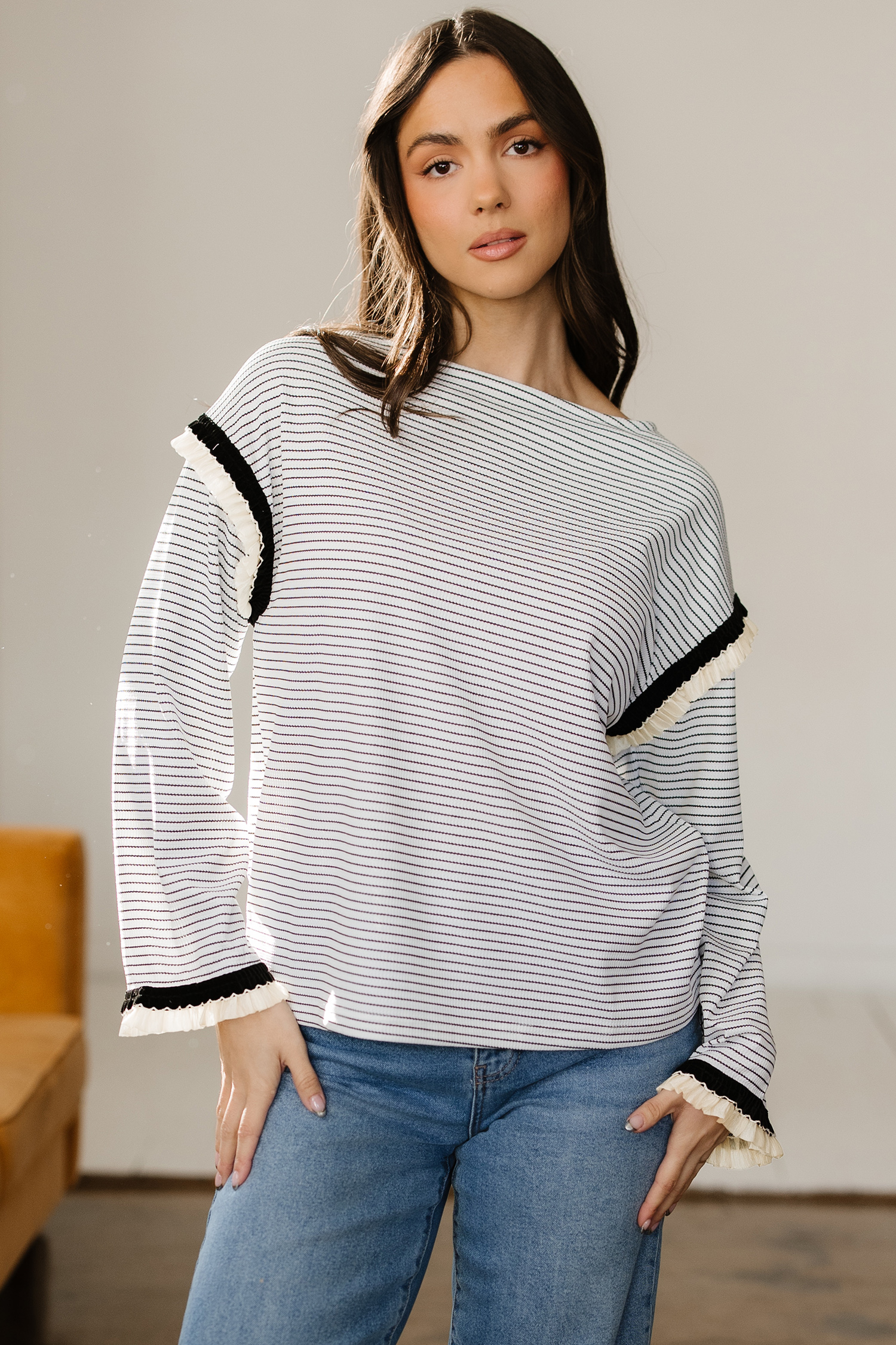 White Stripe Contrasted Ruffle Trim Loose Long Sleeve Top - loveforevers