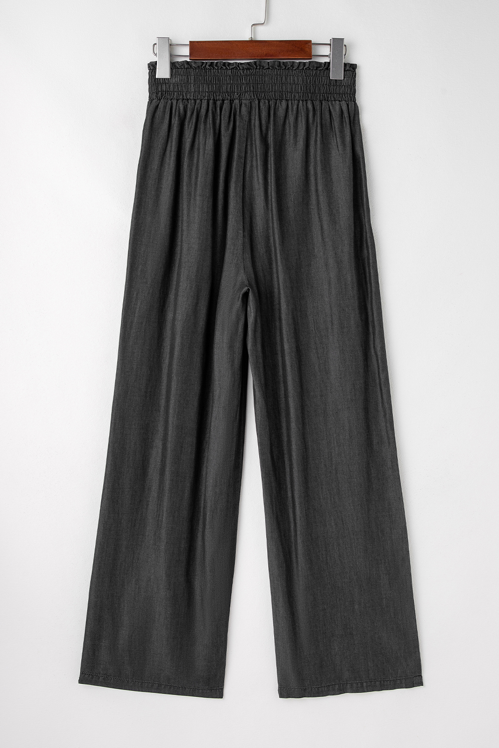 Black Side Pockets Frilled Smocked High Waist Wide Leg Jeans - loveforevers