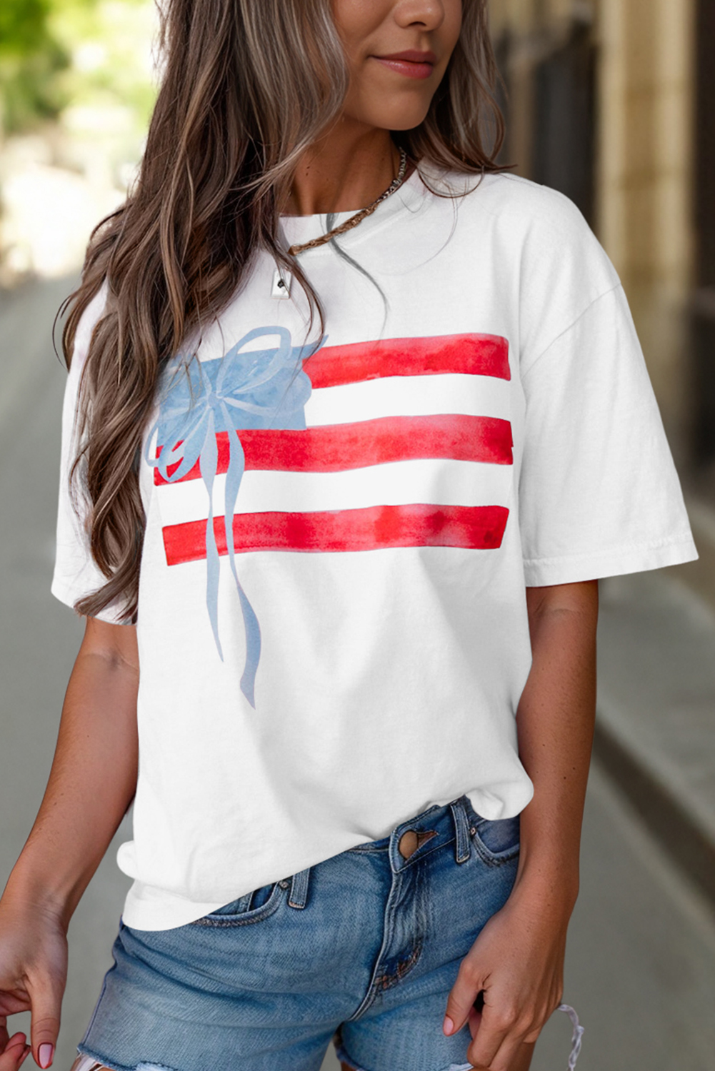 Myosotis Flag Bow Graphic Crewneck Tee - loveforevers