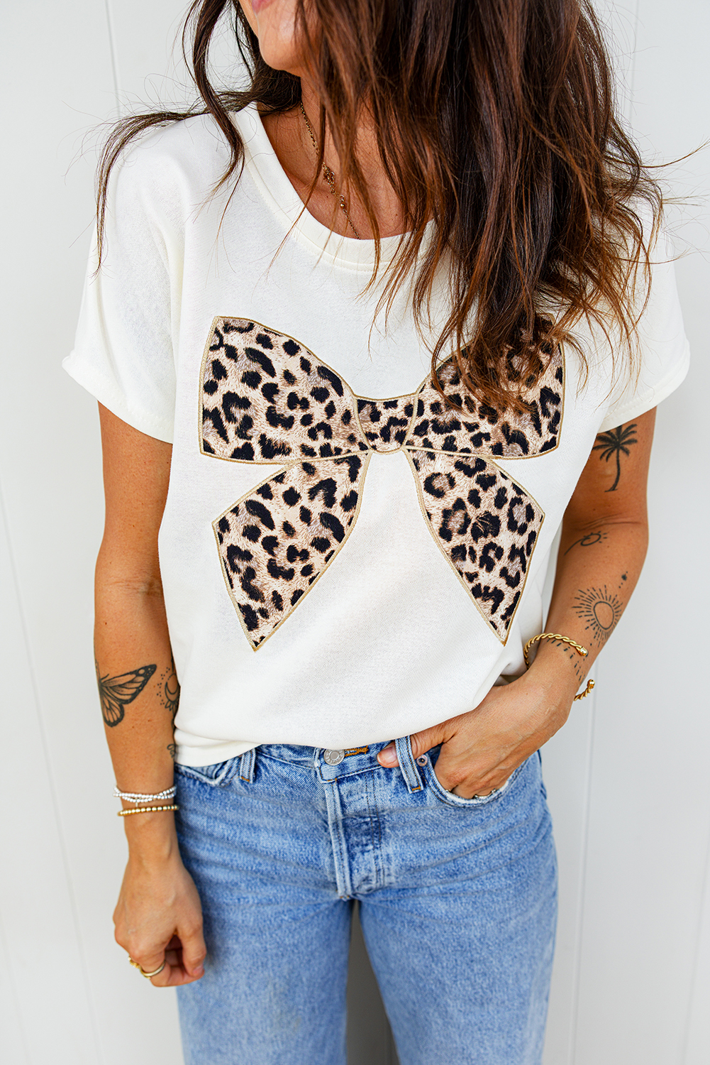 Pink Leopard Bow Embroidered Cotton Round Neck T Shirt - loveforevers