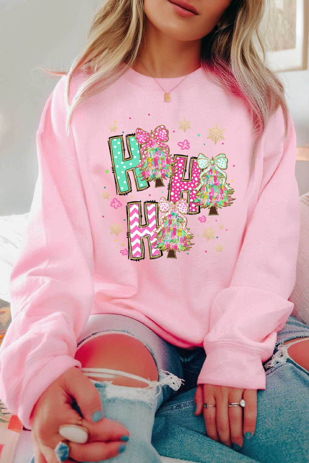 Pink HO HO HO Christmas Tree Graphic Pullover Sweatshirt - loveforevers