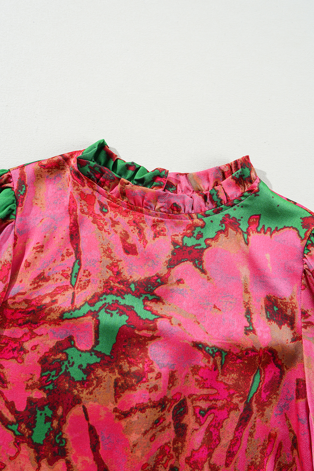 Rose Abstract Print Frilly Neckline Puff Sleeve Blouse - loveforevers