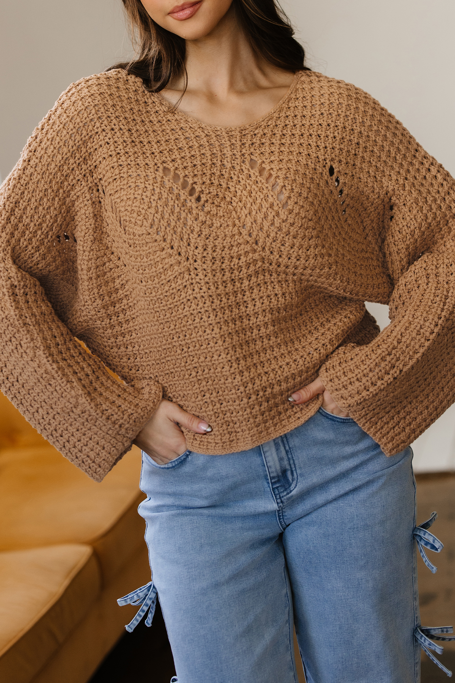 Camel Hollowed Detail Wide Sleeve Loose Pullover Sweater - loveforevers