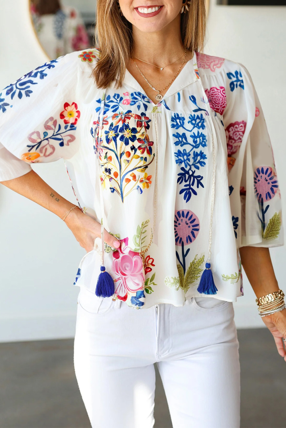 White Floral Print Tassel Tie Bracelet Sleeve Flowy Blouse - loveforevers
