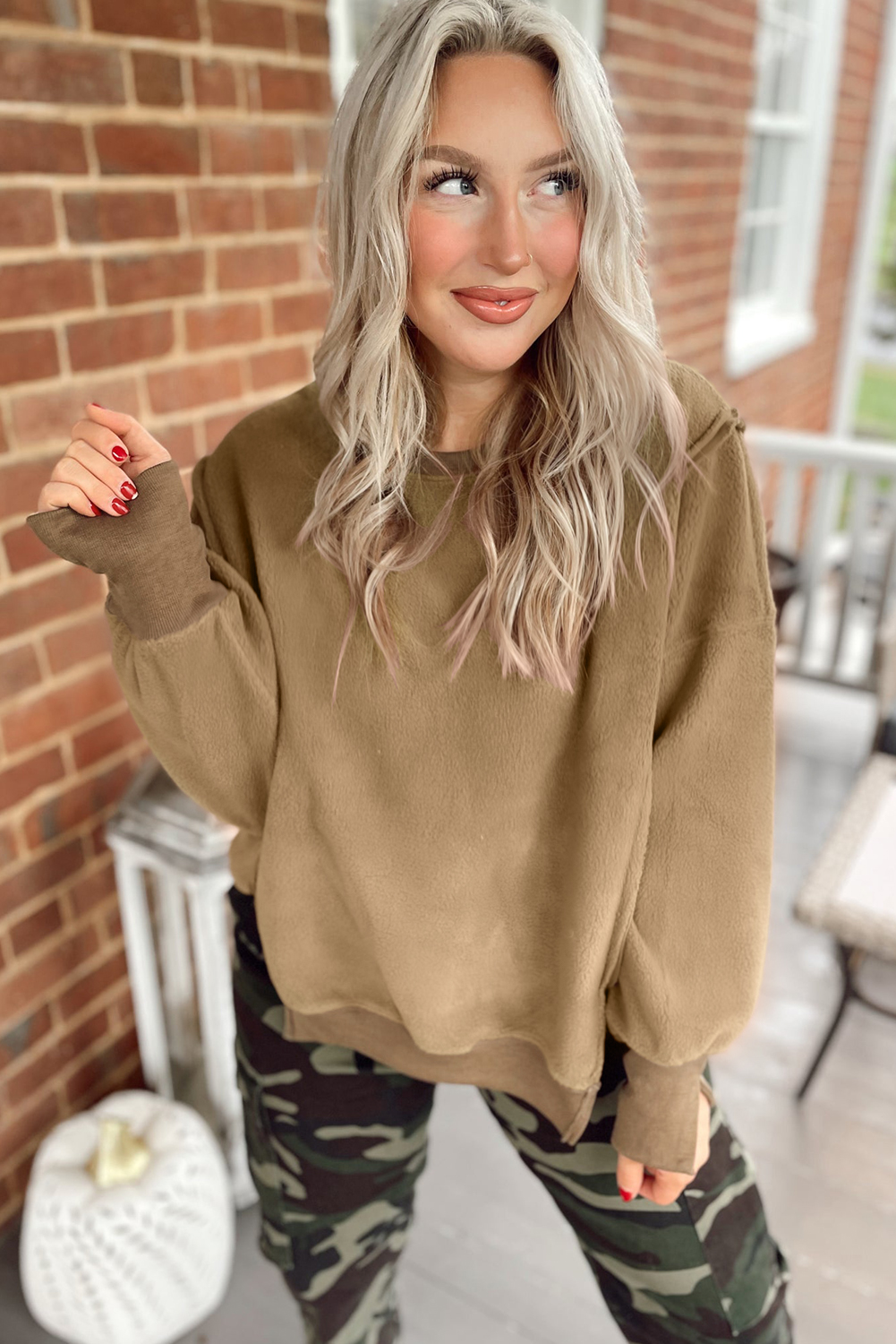 Dark Khaki Fuzzy Sherpa Splicing Pullover Sweatshirt with Side Slit - loveforevers