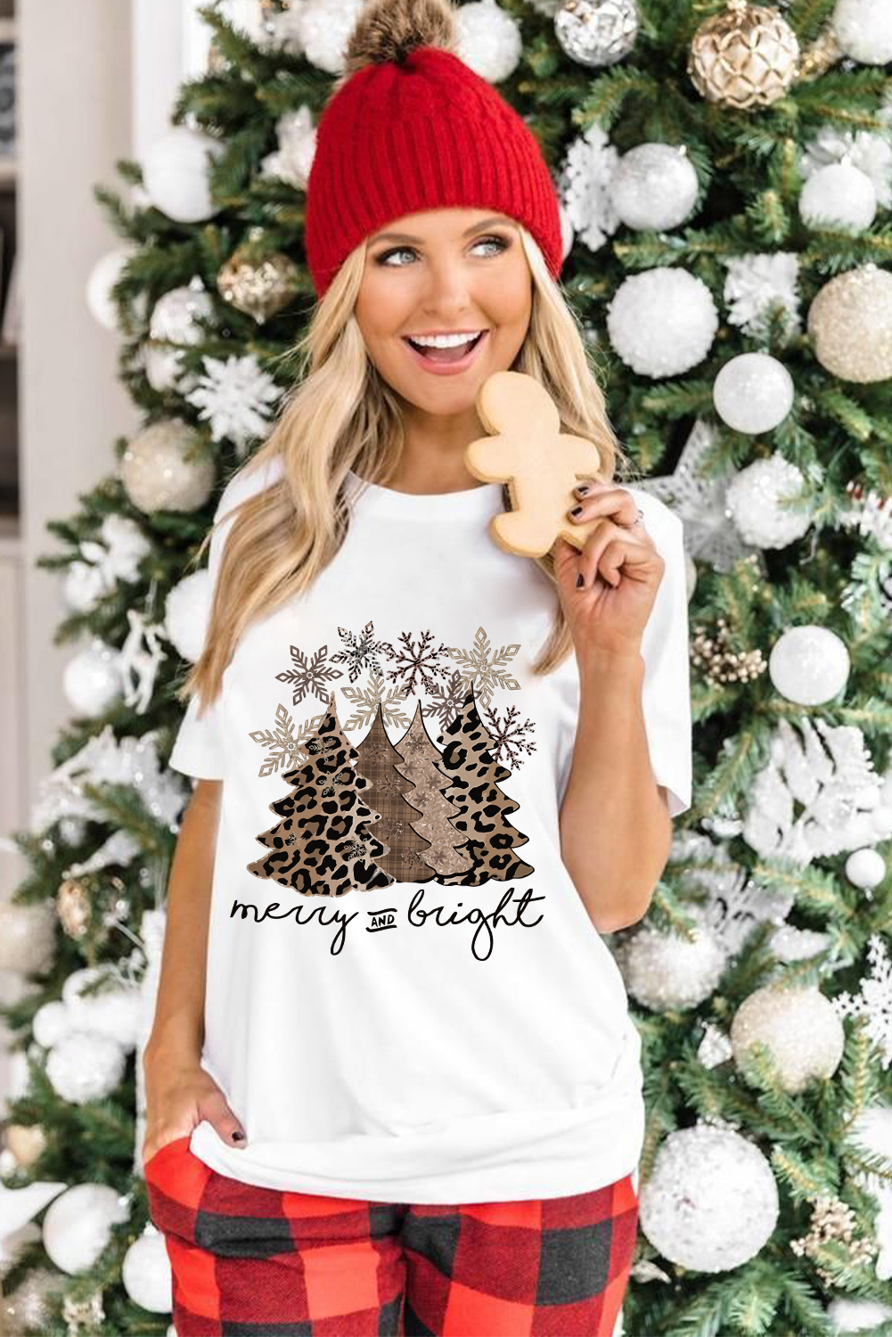 Black Leopard Christmas Tree Graphic Crew Neck T Shirt - loveforevers
