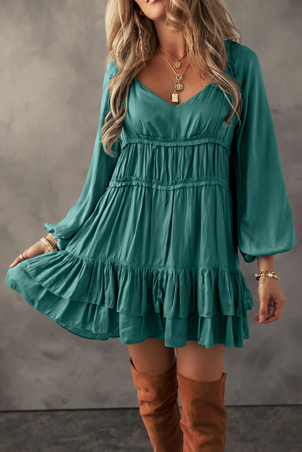 Mist Green Tiered Ruffled Puff Sleeve Loose Fit Mini Dress - loveforevers