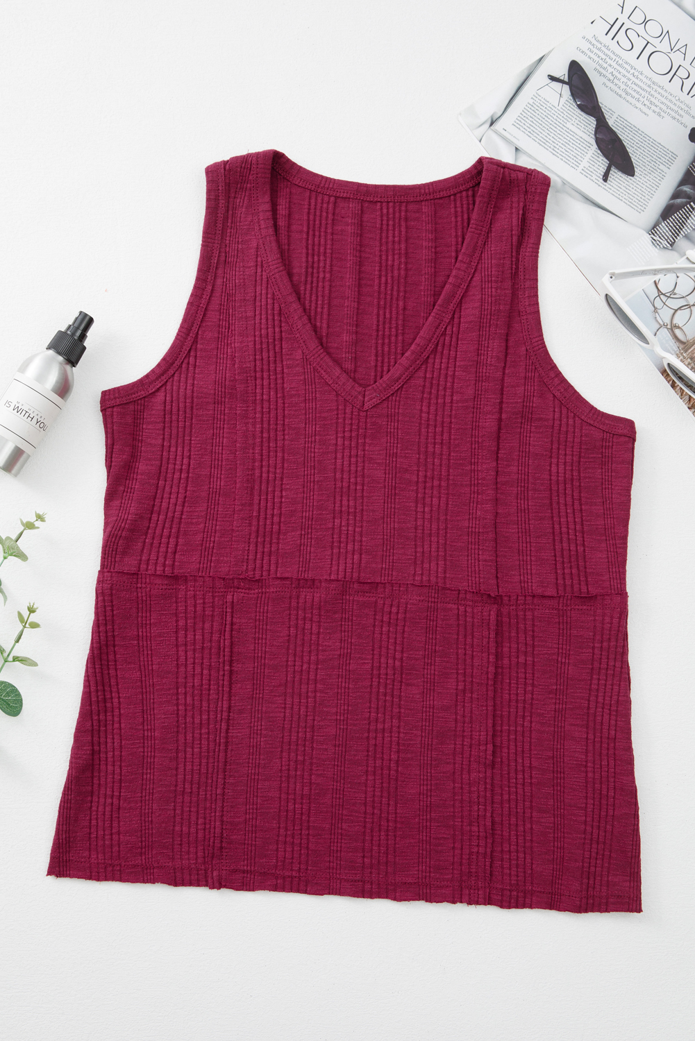 Red Dahlia Ribbed Textured Exposed Stitching Knit Tank Top - loveforevers