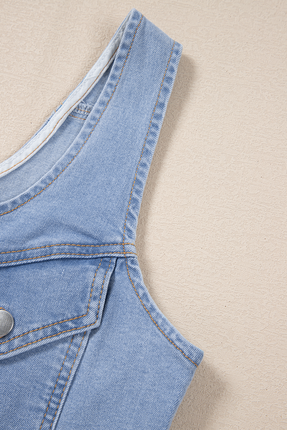 Beau Blue Light Wash Denim Buttoned Front Chest Pockets Sleeveless Slim Mini Dress - loveforevers