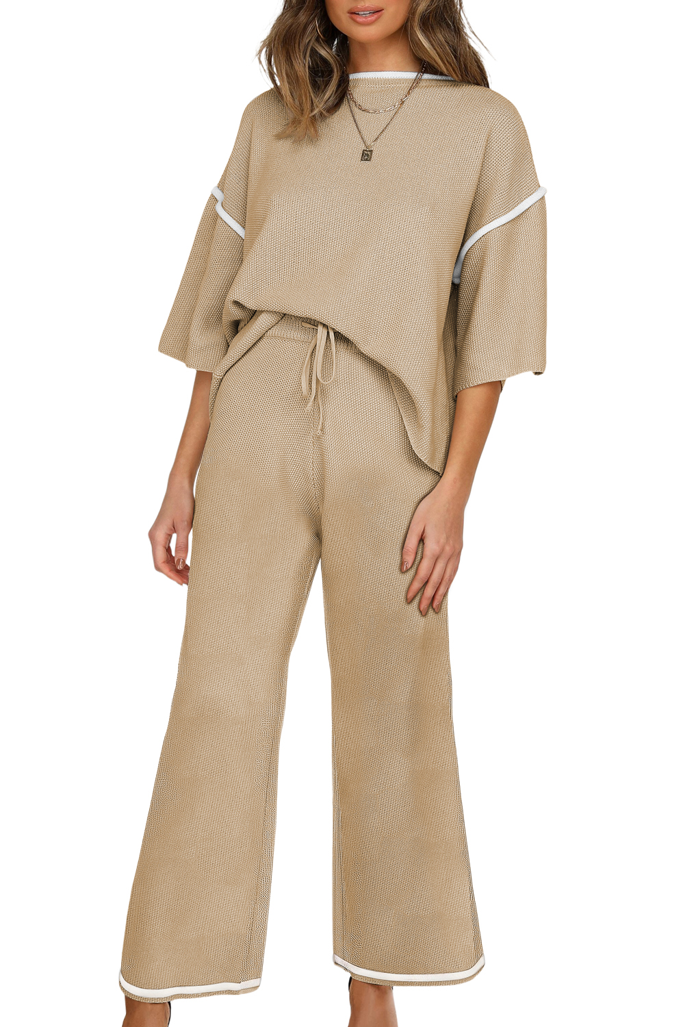 Blackish Green Contrast Trim Half Sleeve Top Drawstring Pants Loose 2pcs Sweater Suit - loveforevers