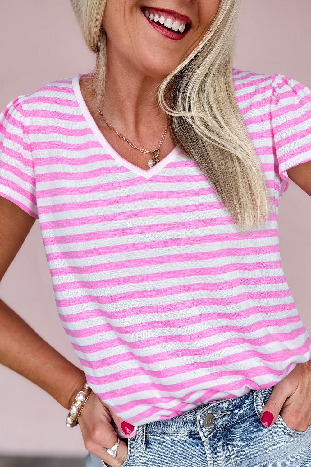 Bonbon Striped V Neck Ruffle Short Sleeve Top - loveforevers
