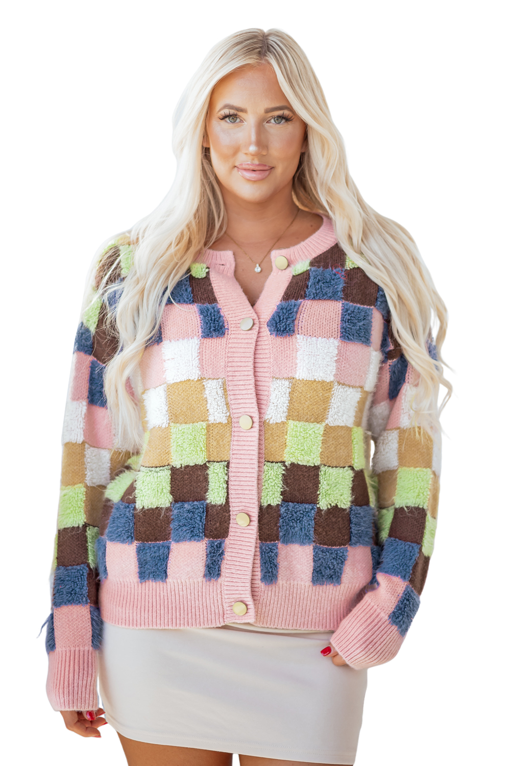 Multicolour Plush Checkered Pattern Button Front Cardigan Sweater - loveforevers