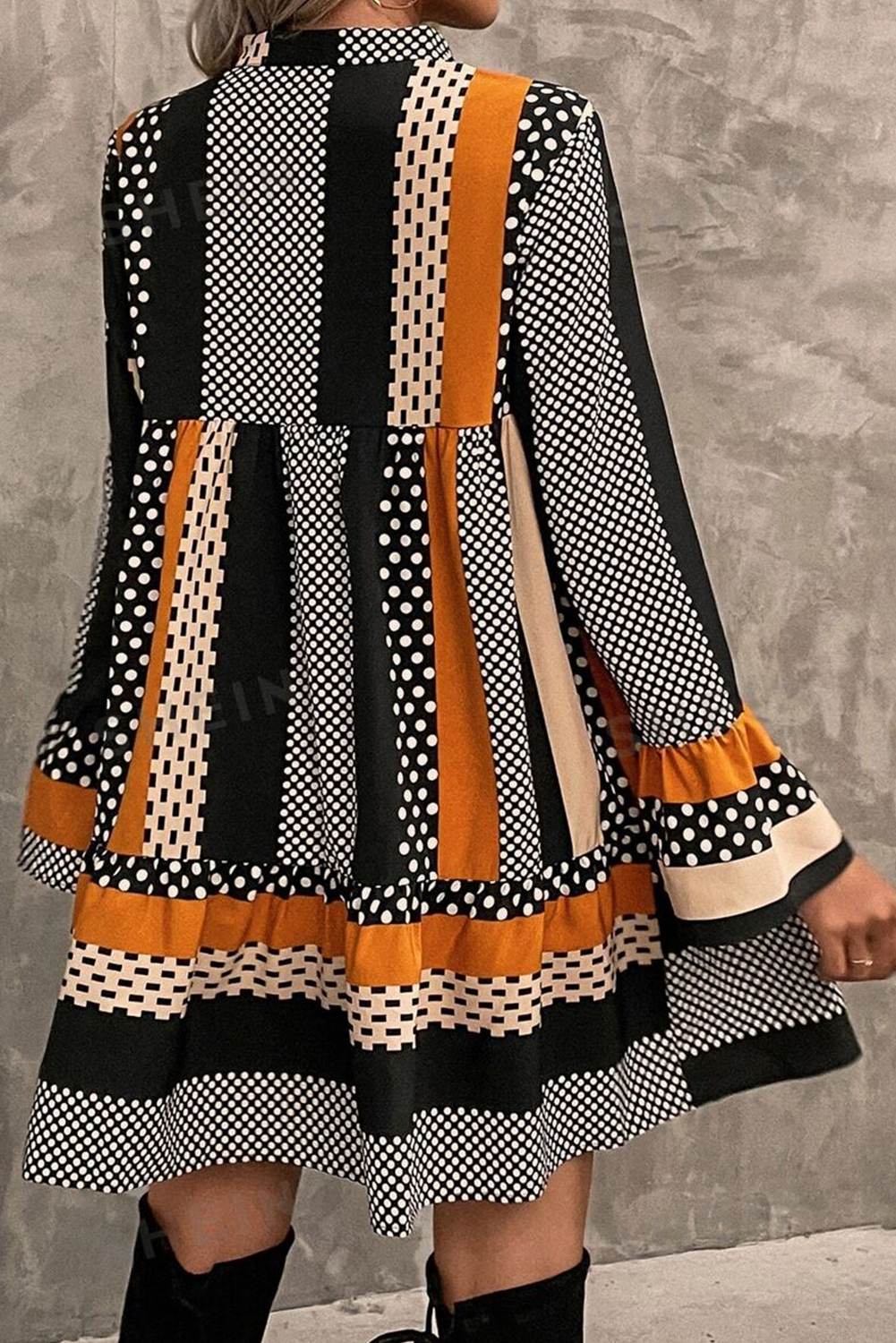Black Striped Polka Dot Print Ruffled Hem V Neck Mini Dress - loveforevers