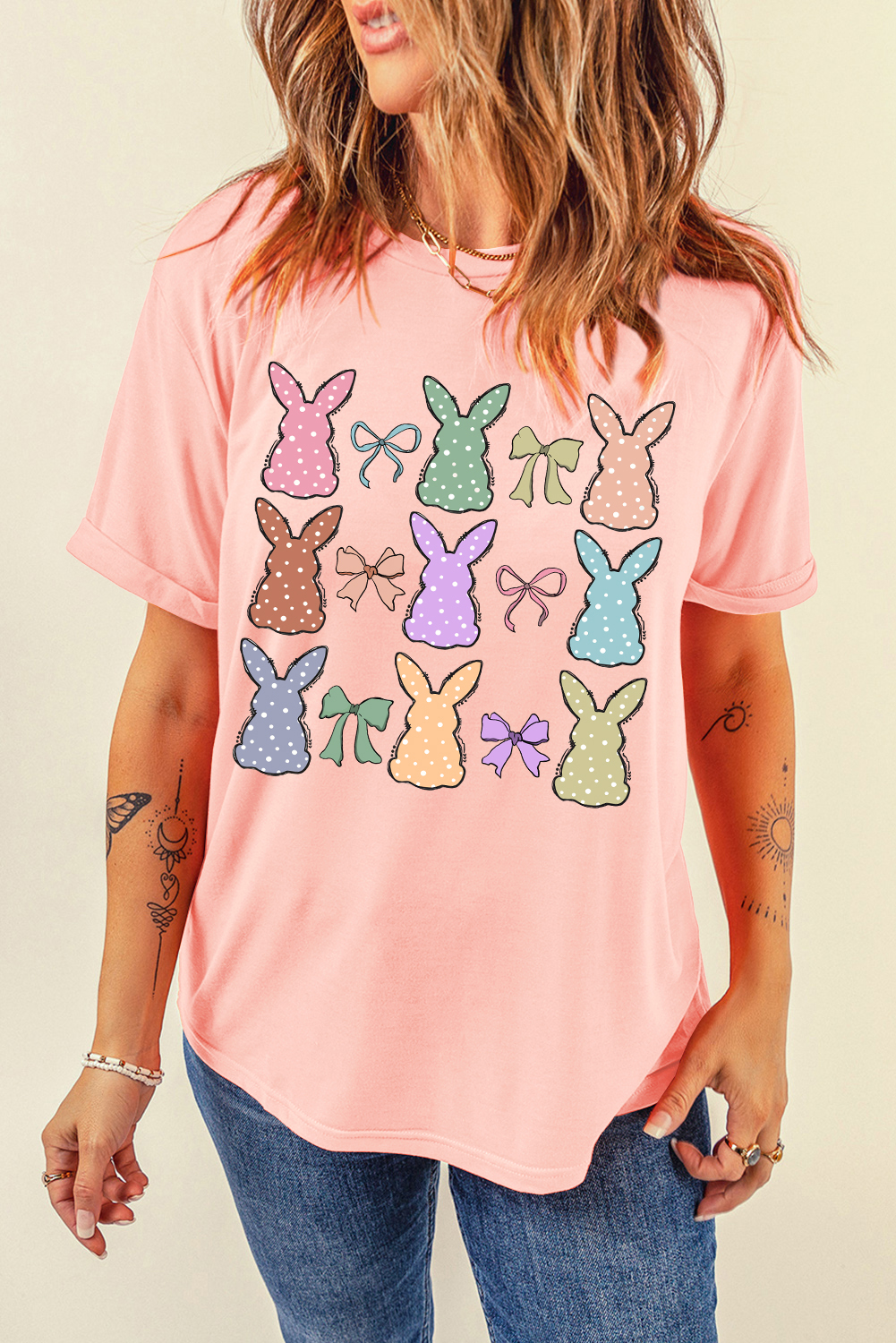 Pink Dotty Bunny Bow Printed Easter Day Fashion T Shirt - loveforevers