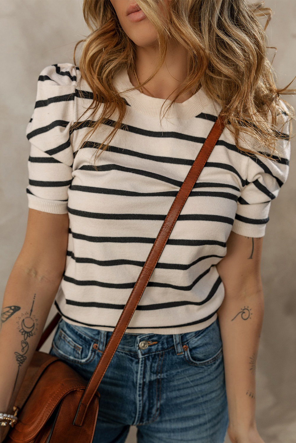 Blue Stripe Ribbed Trim Round Neck Bubble Sleeve Knitted Top - loveforevers