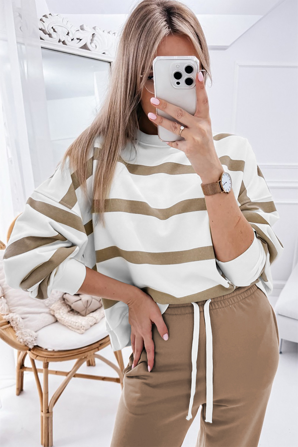 Brown Stripe Striped Drop Shoulder Pullover and Jogger Pants Set - loveforevers