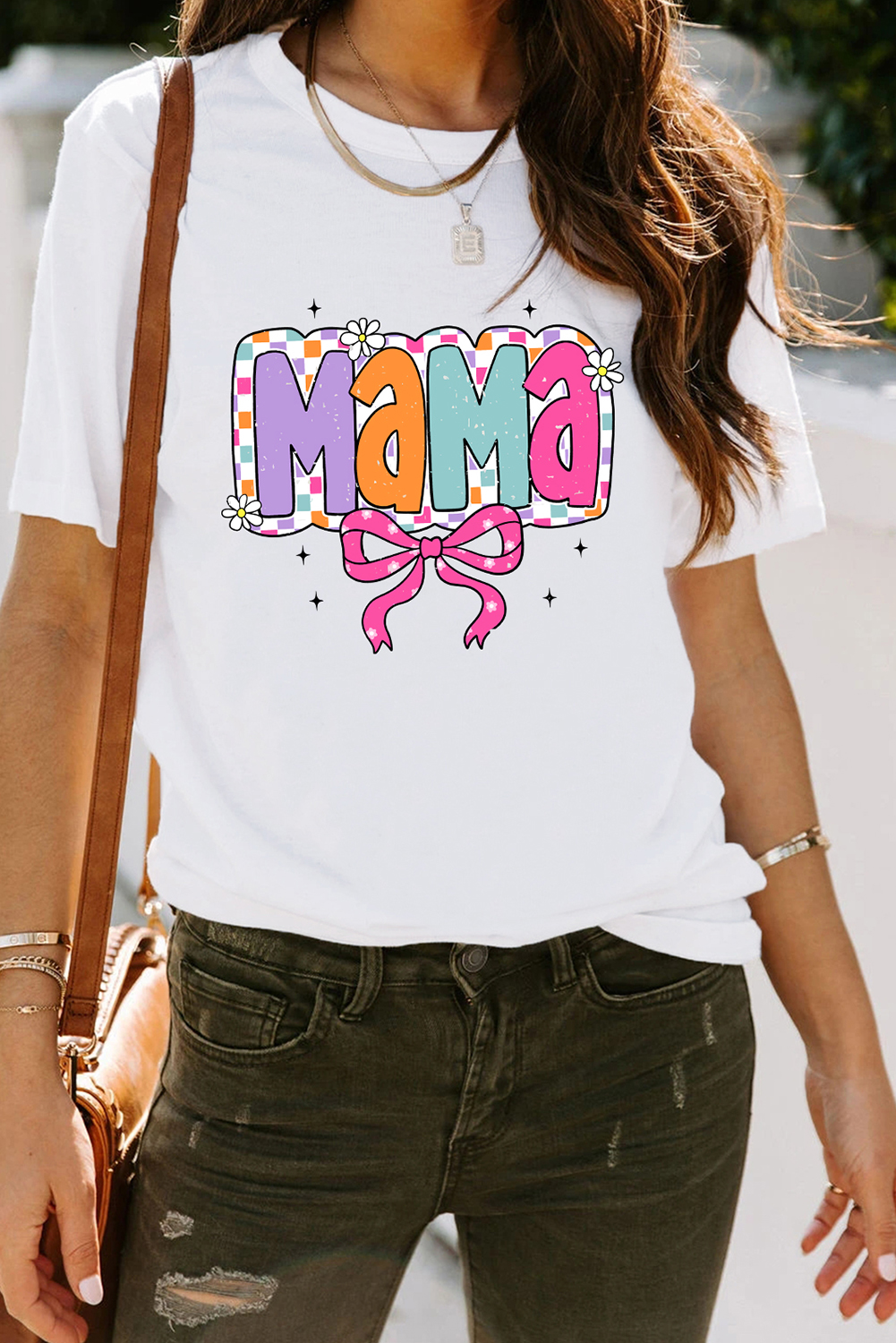 White Cute MaMa Bow Graphic Crewneck T Shirt - loveforevers