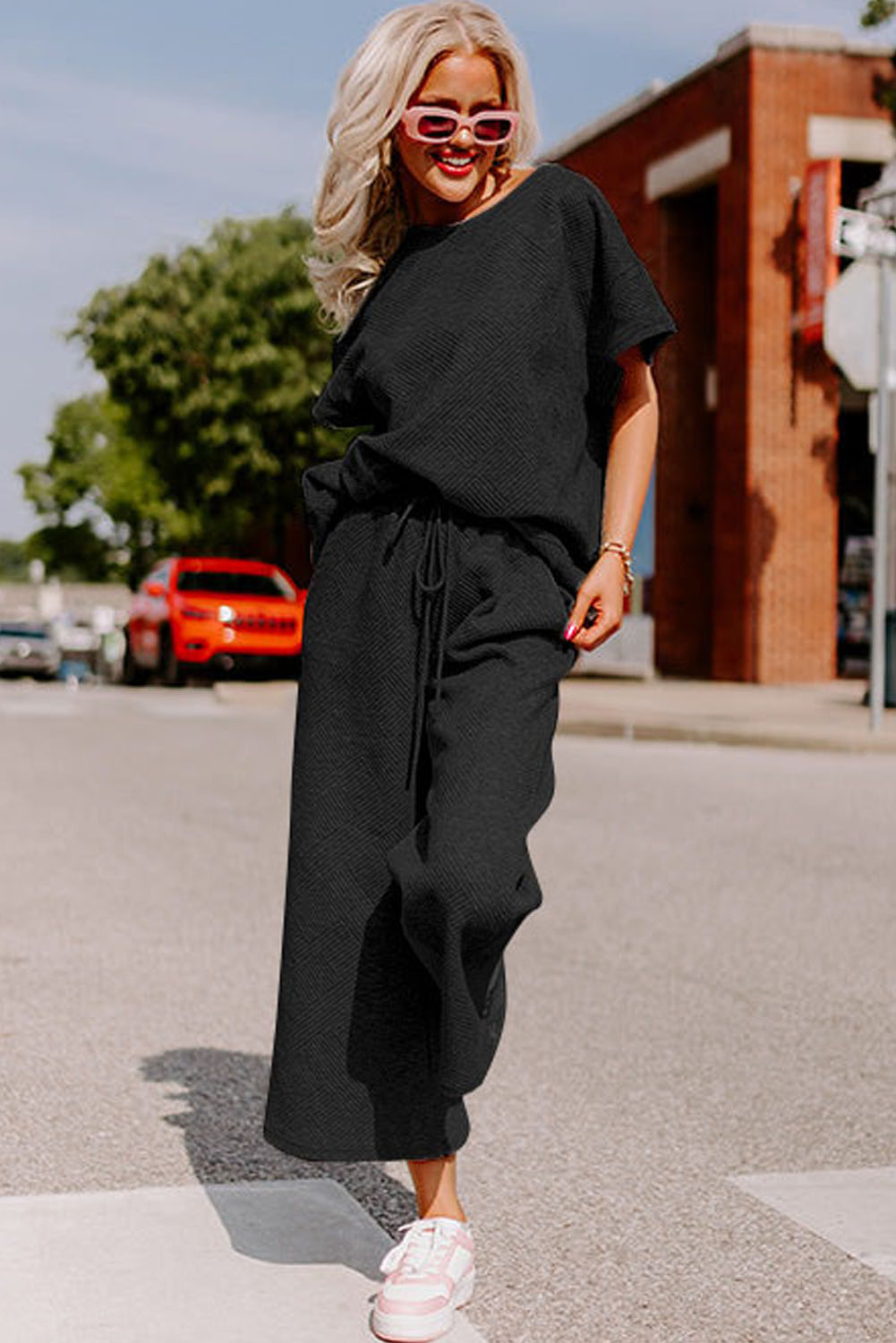 Dark Green Textured Loose Fit T Shirt and Drawstring Pants Set - loveforevers