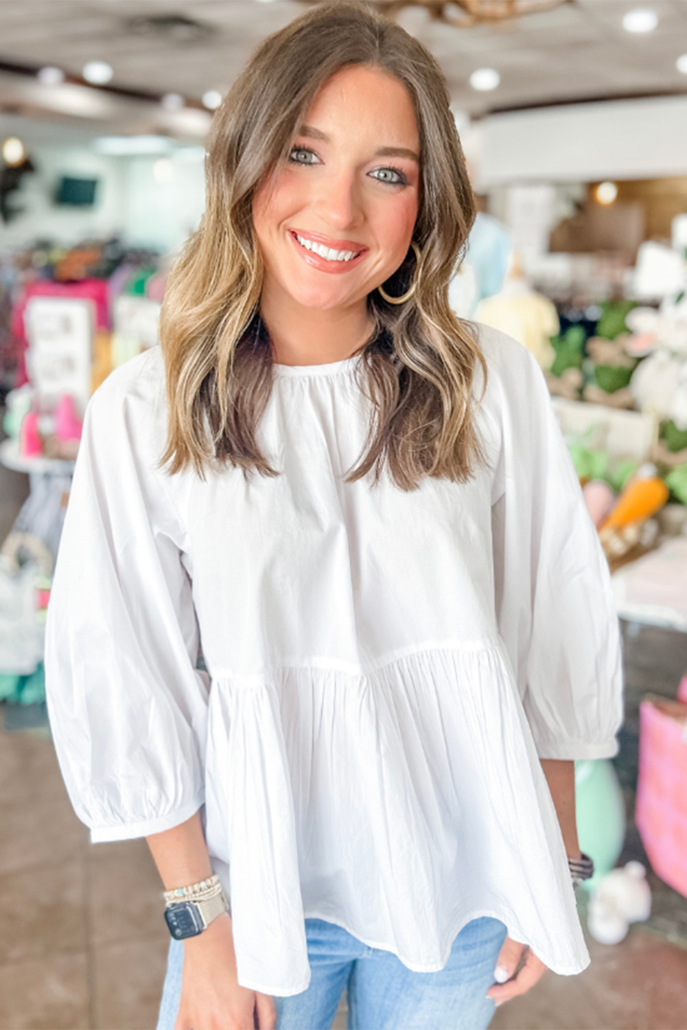 White Bow Knot Cutout Back Loose Fit 3/4 Sleeve Blouse - loveforevers