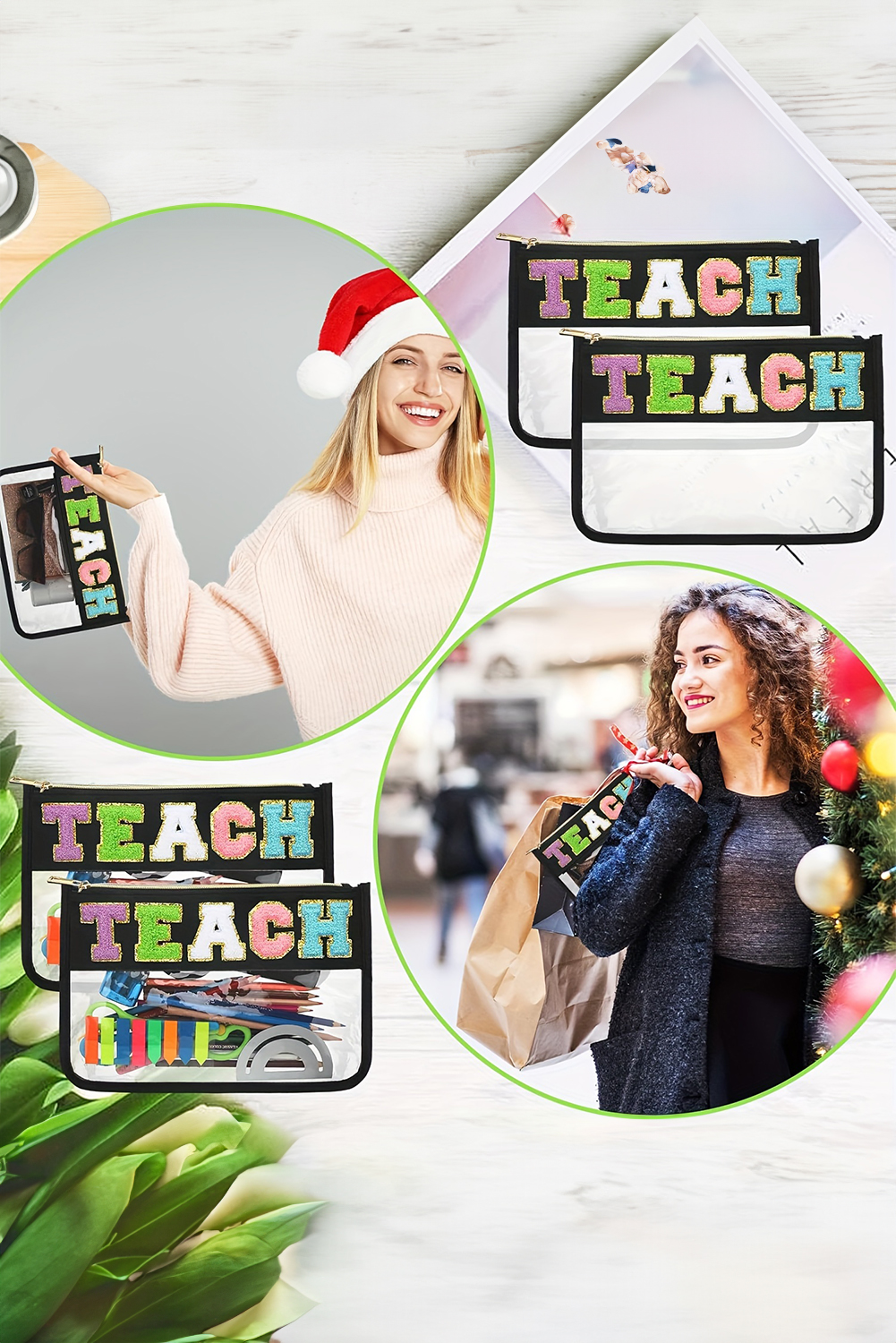 Black TEACH Glitter Chenille Clear PVC Makeup Bag - loveforevers