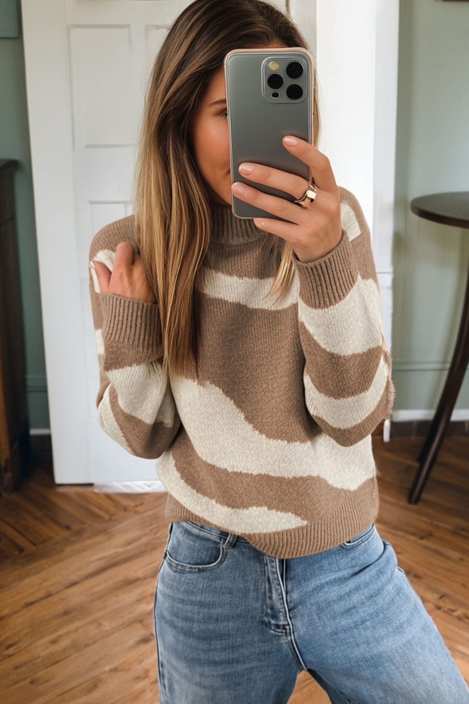 Dark Khaki Abstract Print Ribbed Trim Mock Neck Chic Sweater - loveforevers
