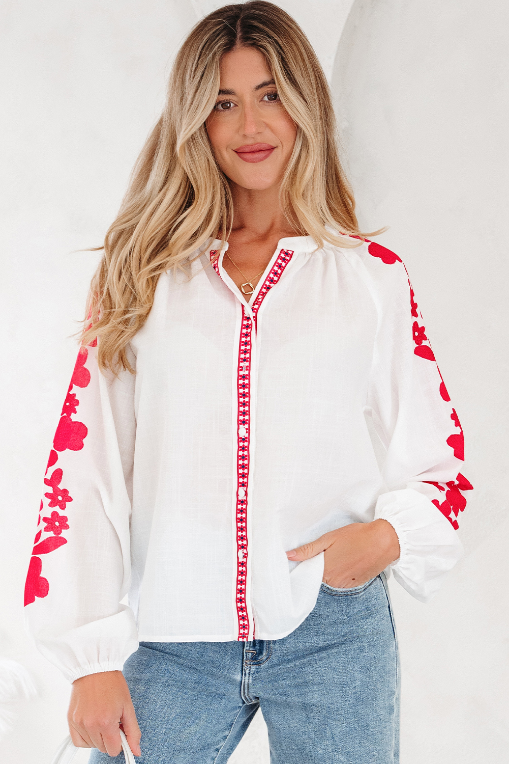 White Floral Embroidered Puff Long Sleeve Casual Shirt - loveforevers